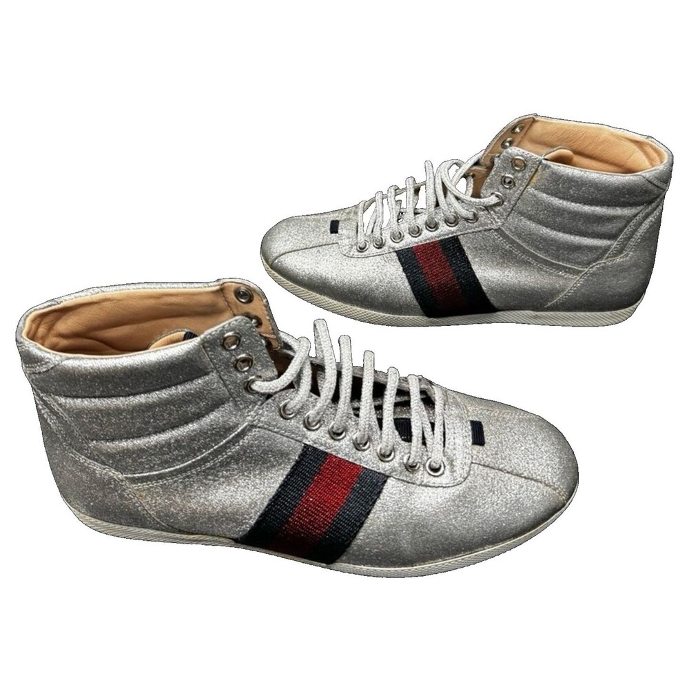 Gucci Glitter Web High Top Sneakers Women EU 38 Silver Designer Shoes Italy
